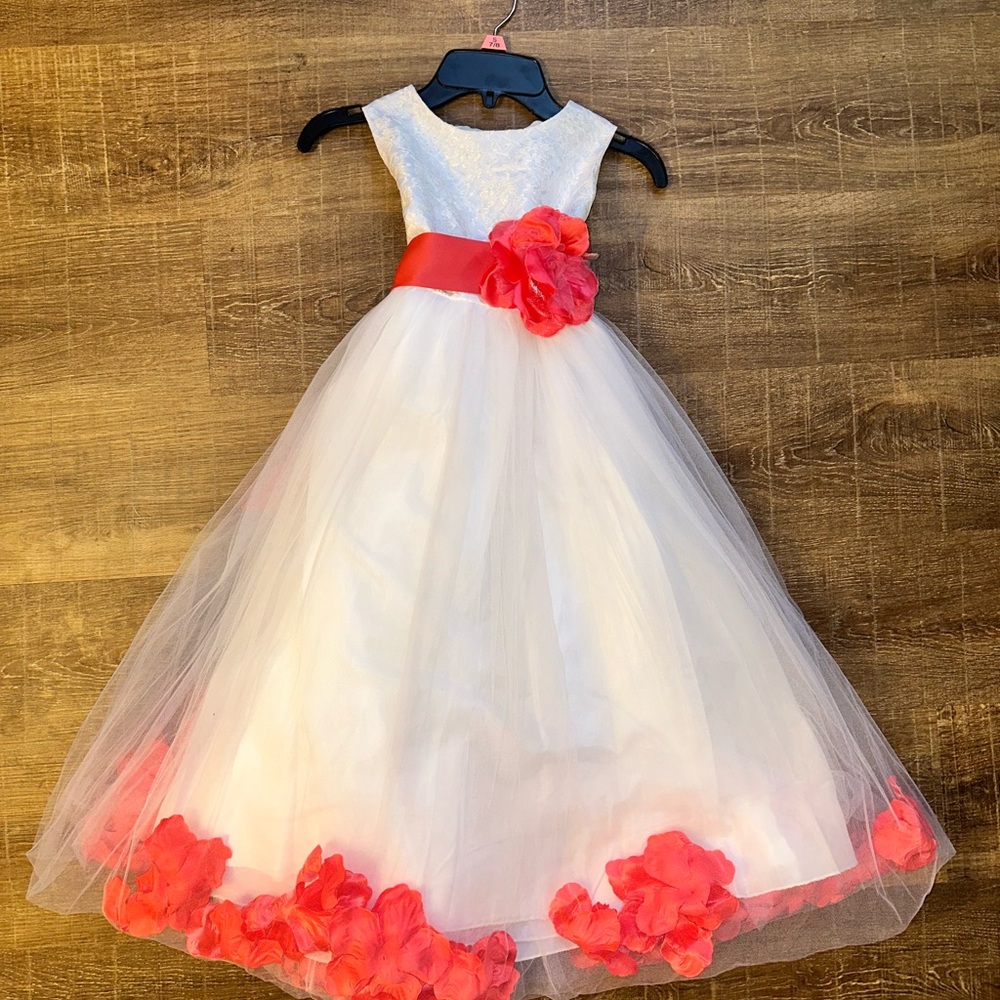 Formal White and Peachy Tiered Embellished Sundress with flower petals in layer